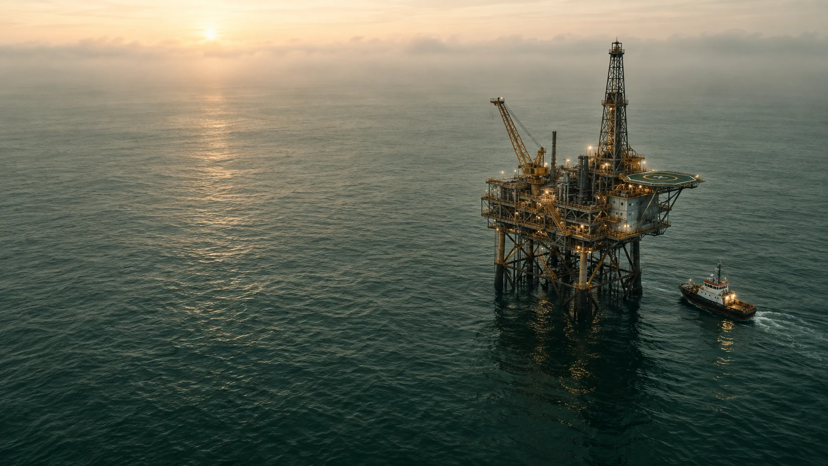 Conceptual offshore production platform and support vessel at dawn